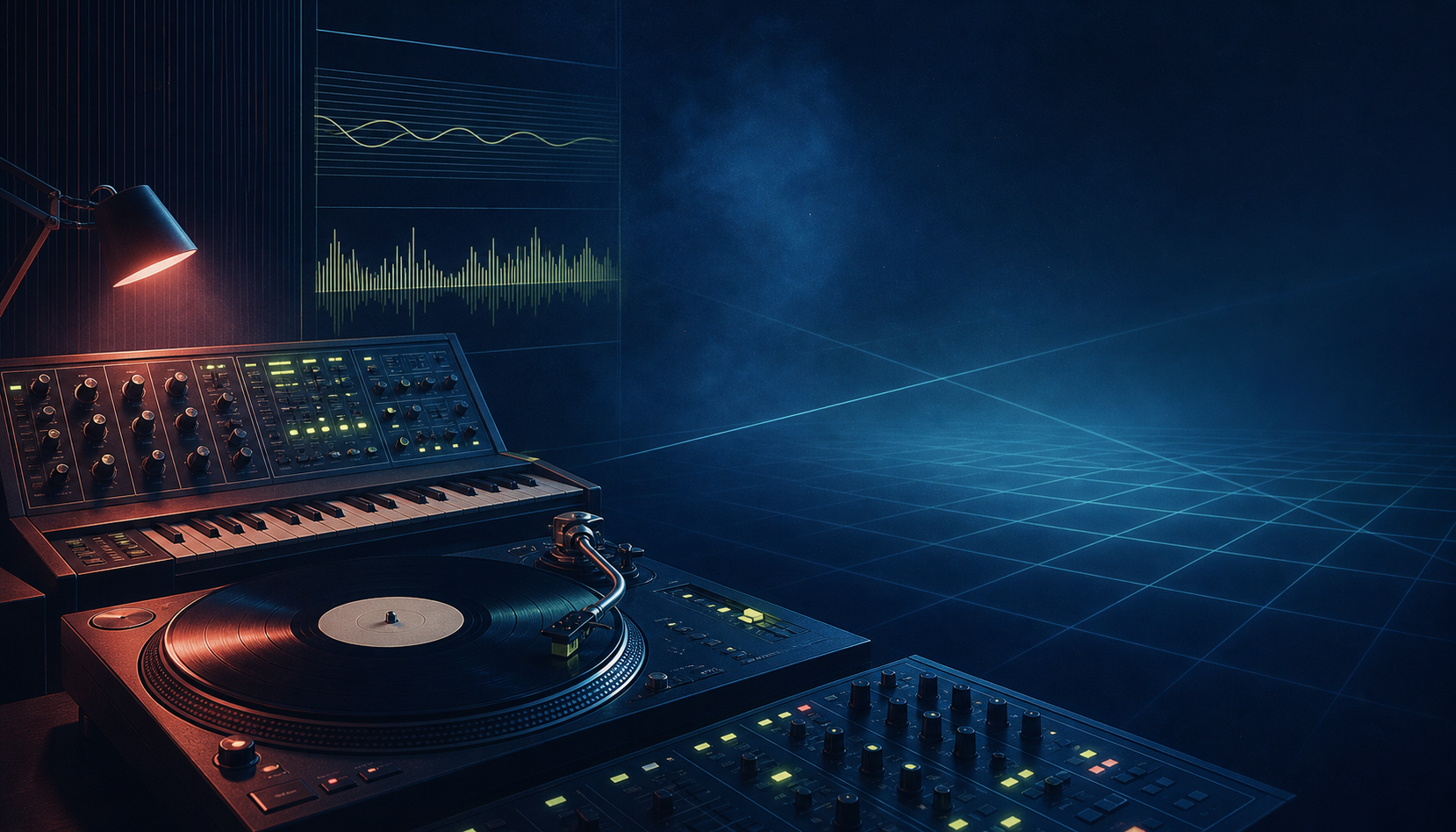 Een stijlvolle studio met draaitafel en synthesizer